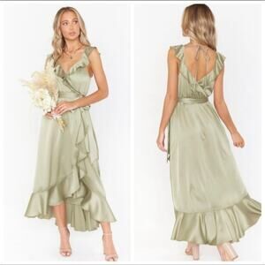 show me your mumu samantha ruffle wrap dress moss green luxe satin women medium